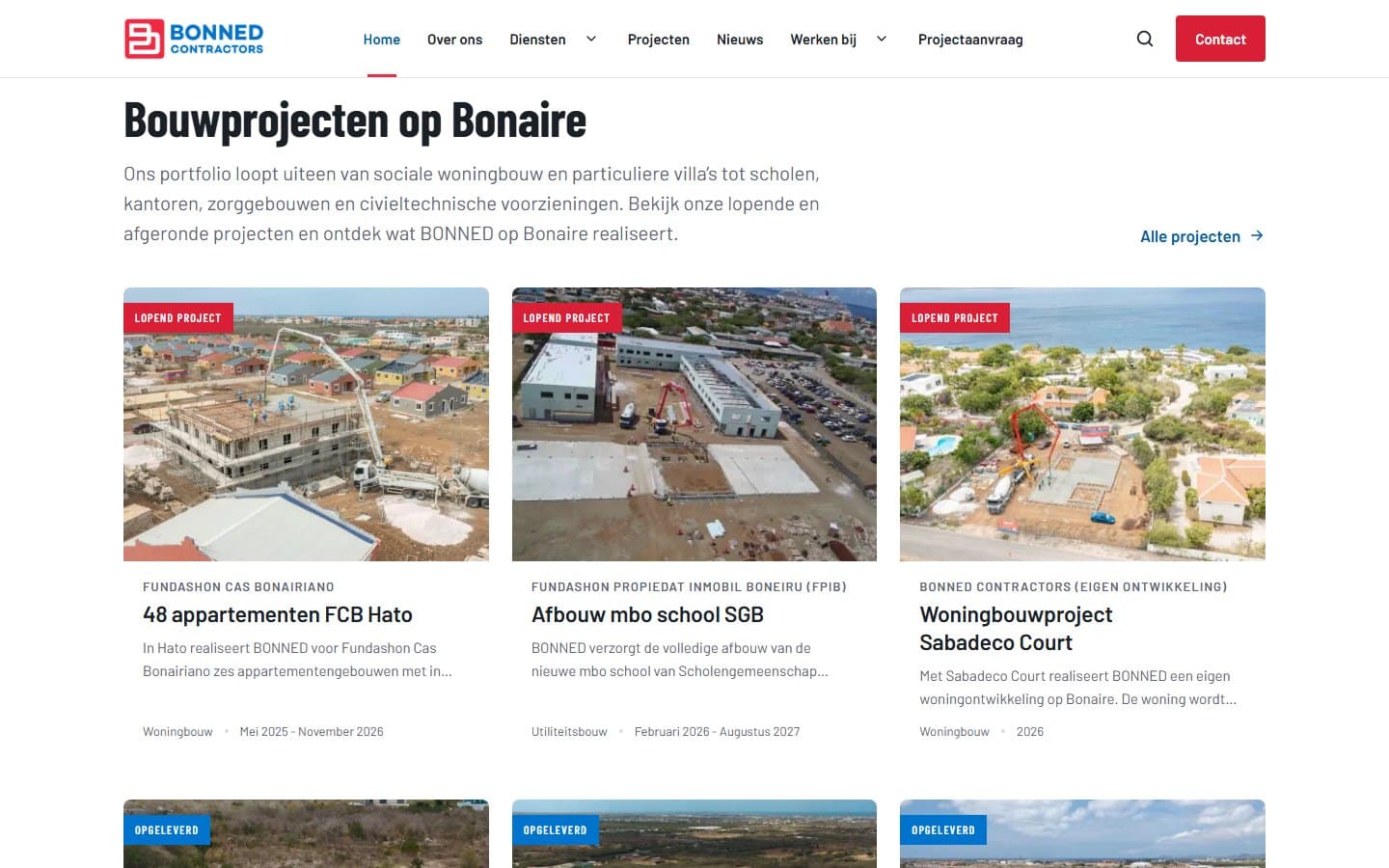 Project overview on the BONNED homepage with cards for current and completed builds on Bonaire