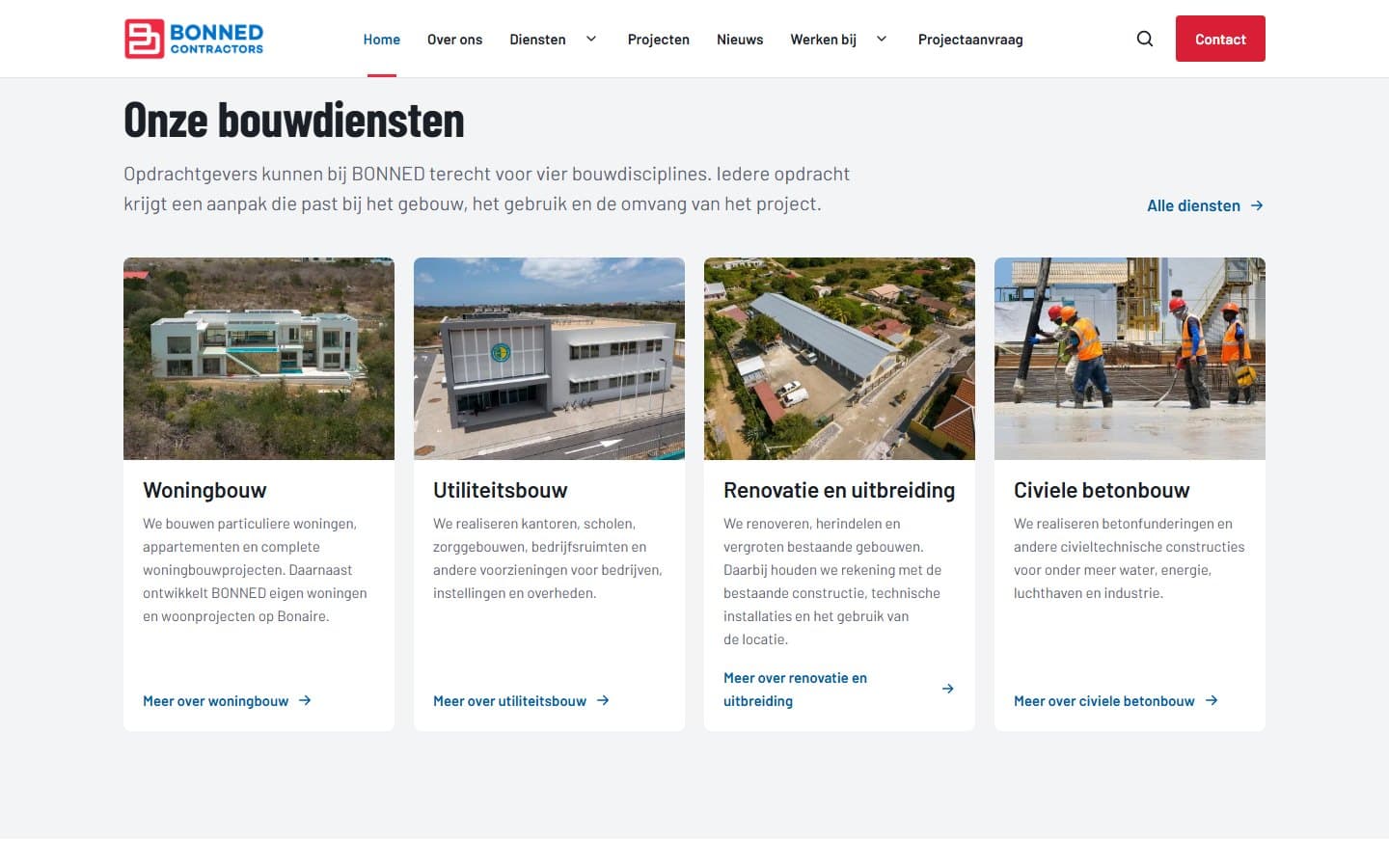 Services section of the BONNED homepage: residential construction, commercial and public buildings, renovation and extension, and civil concrete work