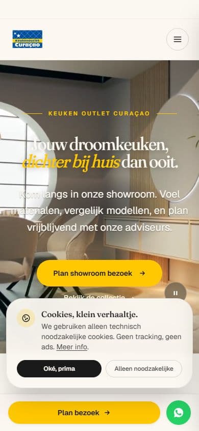 Mobiele weergave van de homepage van Keukenoutlet Curaçao