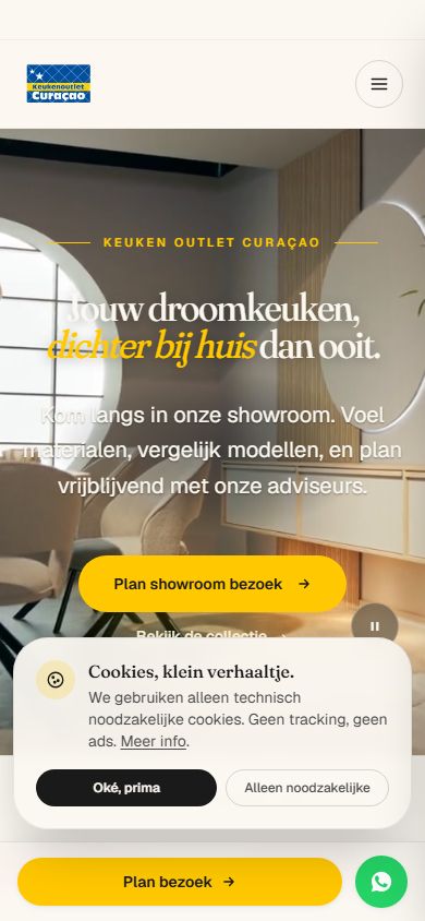 Mobile view of the Keukenoutlet Curaçao homepage